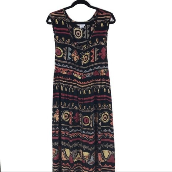 Vintage 90’s Black Aztec Tribal Print Babydoll Maxi D… - Picture 2 of 7